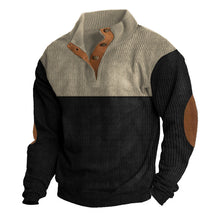 Herren nan strukturiertes Rugby-Pullover mit Stehkragen, Knopfleiste und Leder-Ellenbogenpatches Drune – Khaki + Schwarz