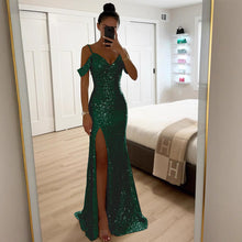Pailletten Maxikleid mit Schlitz – Elegantes Sommer Abendkleid – Dunkelgrün