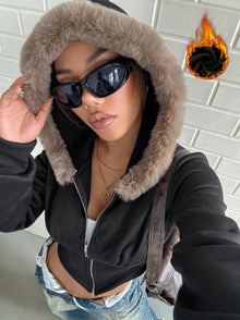 Damen cropped Hoodie mit luxuriösem Fellbesatz – Schwarz