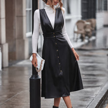 Damen elegantes Midikleid mit knöpfbarem Detail und tailliertem Schnitt – Schwarz