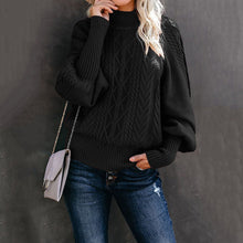 Damen nan Zopfmuster-Strickpullover mit Rollkragen und Ballonärmeln Drune – Schwarz