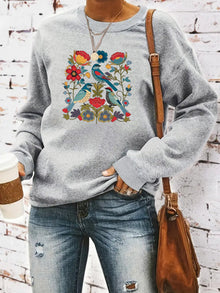 Damen Sweatshirt mit floralem Vogelmotiv und lässigem Schnitt – Grau