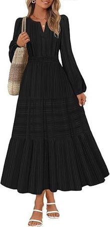 Damen Maxikleid mit eleganten Puffärmeln und gesmoktem Taillenbereich – Schwarz