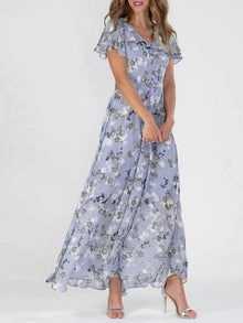 Damen Maxikleid Baumwolle Blumenmuster V-Ausschnitt Sommerlook – Flieder