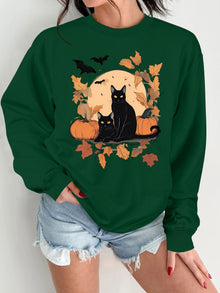 Damen Sweatshirt mit herbstlichem Katzen- und Kürbisdesign – Dunkelgrün