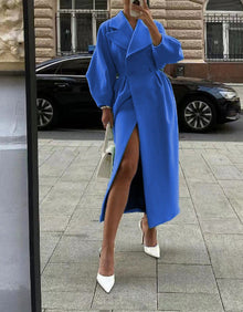 Damen Eleganter Trenchcoat mit tailliertem Schnitt und seitlichem Schlitz – Blau
