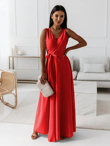 Paye | Damen einfarbig V-Ausschnitt Langes Kleid – Rot
