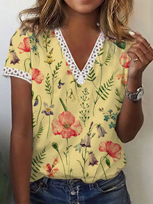 Sherly – Elegantes T-Shirt mit kurzen Ärmeln und V-Ausschnitt-Print für Damen – Gelb