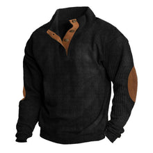 Herren nan rustikaler gerippter Pullover mit Henley-Kragen und lederartigen Ellbogenbesätzen Drune – Schwarz