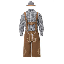 Herren nan traditionelle Trachtenlederhose mit bestickten Hosenträgern, kariertem Trachtenhemd und Filzhut Drune – 82346【Schwarzes Oberteil + braune Latzhose + graue Mütze】