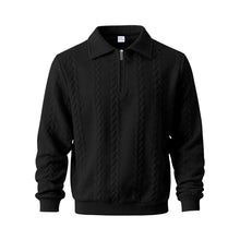 Herren nan strukturierter Strickpullover mit halbem Reißverschluss, Polokragen und Zopfmuster Drune – Schwarz