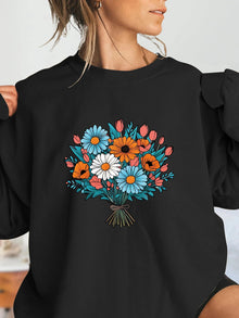 Damen Oversized Sweatshirt mit floralen Grafikdetails – Schwarz
