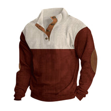 Herren nan rustikaler gerippter Pullover mit Henley-Kragen und lederartigen Ellbogenbesätzen Drune – Apricot + Rot