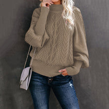 Damen nan Zopfmuster-Strickpullover mit Rollkragen und Ballonärmeln Drune – Khaki
