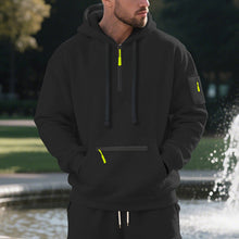 Herren nan technischer Freizeit-Hoodie mit kurzem mittigem Reißverschluss, Reißverschluss-Kängurutasche und Ärmeltasche Drune – Schwarz