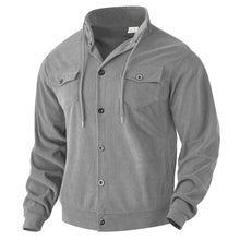 Herren nan strukturierte Cord-Workerjacke mit verdeckter Kapuze, Druckknopfverschluss und aufgesetzten Brusttaschen Drune – Grau