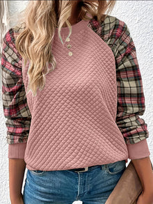 Damen Sweatshirt mit Gitterstruktur und karierten Ärmeln – Rosa