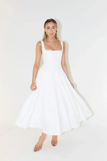 Mirelle™ – Damen Midi Kleid mit Hoher Taille für Stilvollen Komfort – Weiß