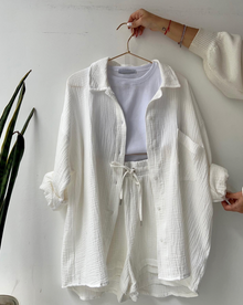 Conjunto arrugado casual mujer – Weiß