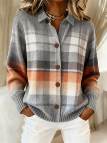 Damen Karo Strickjacke – Grau