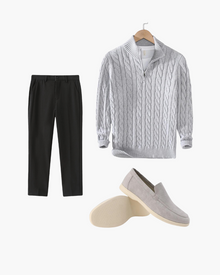 Amir | 3-teiliges Outfit-Set mit Zopfmuster-Pullover, hose & Loafern – Grau