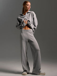 Damen Lounge Set mit Weitbein Hose und Polo Pullover – Grau