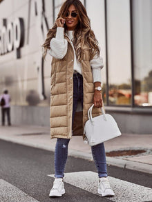 Daniela | Damen Lange Kapuzen Stepp Puffer Weste für den Winter – Beige