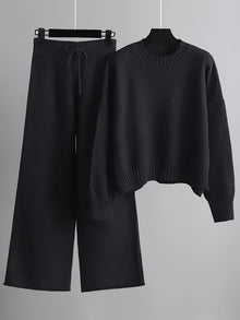 Kuscheliger Damen-Strickpullover mit weiter Jogginghose für kalte Tage – Schwarz