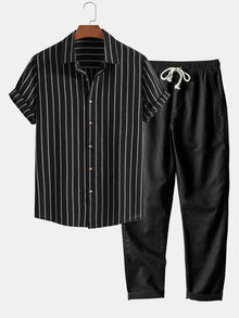 Stilvolles Herren Sommer-Set | Gestreiftes Hemd & Leinen-Mix Hose – Schwarz