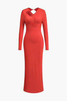 Clothilde | Elegantes Rückenfrei Langarm-Maxikleid mit Blumendetail – Rot