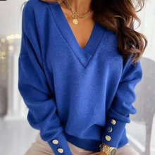 Strickpullover mit V-Ausschnitt | Goldknopf-Details | Eleganter Stil – Blau