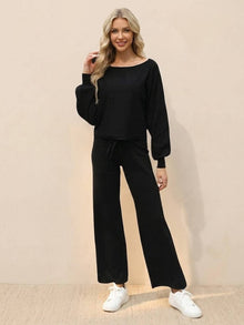 Leilani | Weites Bein Rundhals Lounge Zweiteiliges Set – Schwarz