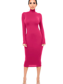 Damen Langarm Rollkragen Midi Etui Kleid – Dunkelrosa
