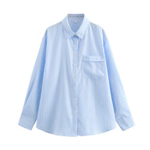 Damen Streifen Kragen Lang Bluse – Blau
