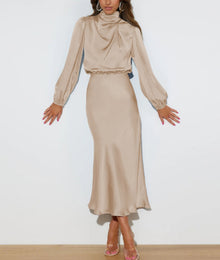 Audra - Elegantes langärmeliges Kleid – Beige