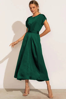 Damen Midikleid – Satin – Eleganter Schnitt mit Wasserfallausschnitt – Dunkelgrün
