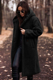 Jenny - Damen Langer Wollmantel mit Kapuze – Schwarz