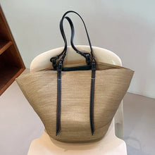 Luxus Boho Strohtasche Damen – Handgemachte Strandtasche mit veganem Leder – Khaki