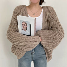Carmen | Damen Freizeit-Strickjacke mit grobem Strick und offener Vorderseite – Khaki