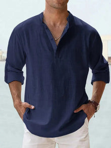 John | Luftiges Leinenhemd mit Henley-Kragen – Marineblau