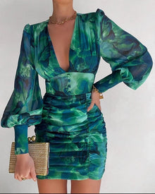 Sommer-Mini-Kleid mit Puffärmeln – Elegante Freizeitmode – Grün
