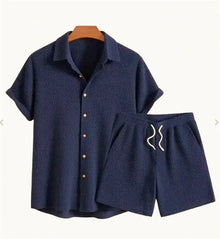 Jorvian - Strukturiertes Set aus Sommerhemd und Shorts – Blau