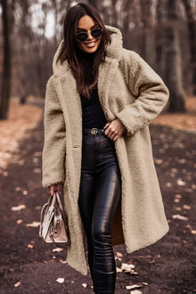 Jenny - Damen Langer Wollmantel mit Kapuze – Aprikose
