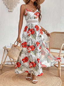 Damen Sommer Kleid mit Blumenmuster | Maxi – Weiß / Rot Blumenmuster