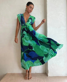Plissee-Midikleid | Florales Muster | Elegante Silhouette – Grün