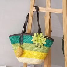 Große Strohtasche Damen – Handgefertigte Strandtasche mit Vegan-Leder-Trägern – Grün