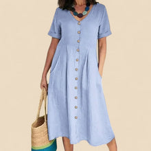 Vivienne - Kurzen Ärmeln Baumwoll Kleid – Blau