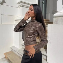 Eglie | Damen Lederjacke im amerikanischen Hot Girl Style mit Stehkragen – Retro Braun