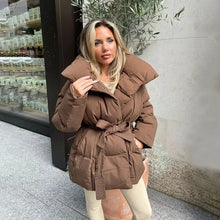 Damen Luxus-Wickel-Puffer mit Gürtelbund – Braun