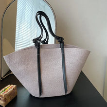 Luxus Boho Strohtasche Damen – Handgemachte Strandtasche mit veganem Leder – Grau